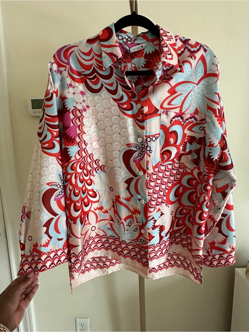 Zara Satin Print Co-Ord Set Shirt Shorts Scarf Pink Red Blue ( Top M Shorts XL )